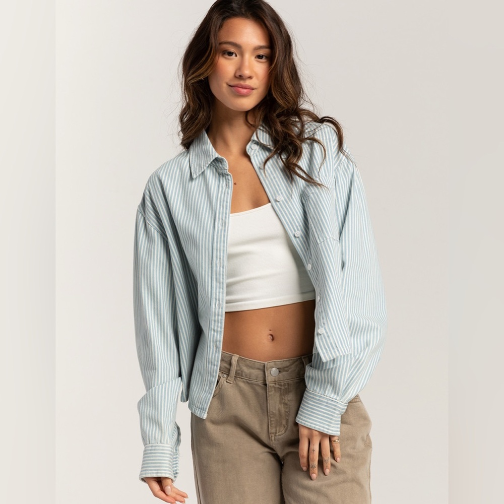 RSQ Womens Denim Stripe Crop Shirt